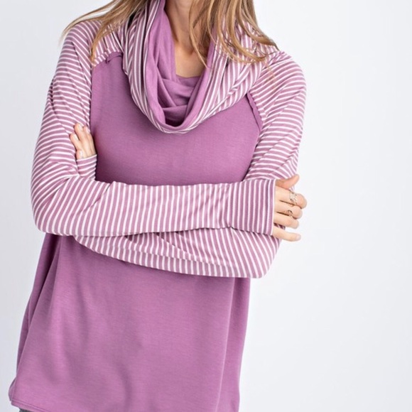 Purple French Terry Pullover Tunic Top Cowl Neck - Picture 3 of 5